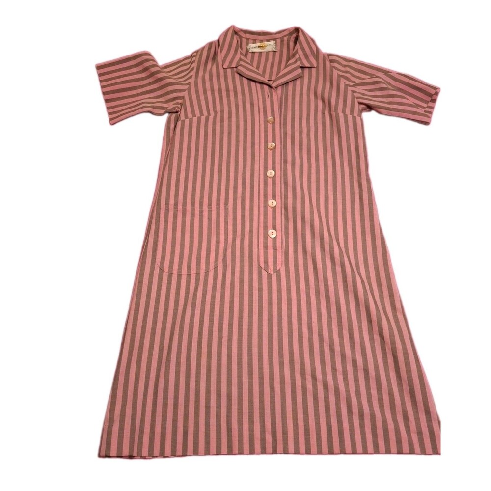 Vintage Hob Nobber Dress Pink Brown Striped Mod Shift Shirt Dress Pockets 60s M